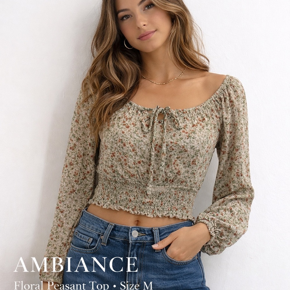 Ambiance Floral Peasant Crop Top Smocked Cottagecore Boho Blouse M